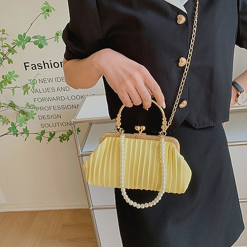 

Women's Evening Bag Coin Purse Wristlet PU Leather Buttons Chain Solid Color Pearl Daily Outdoor White Black Blue Yellow