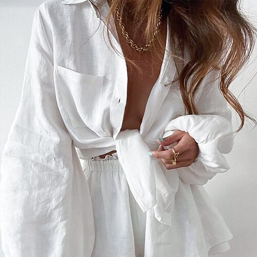 

2022 summer european and american cotton and linen women's long-sleeved top ruffled shorts two-piece casual fashion white suit