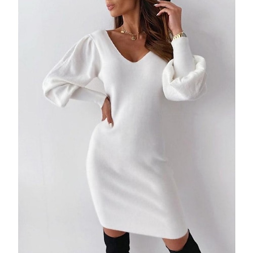 

Women's Sheath Dress White Long Sleeve Pure Color Ruched Winter Fall Autumn V Neck Modern Winter Dress Fall Dress 2022 S M L XL 2XL 3XL