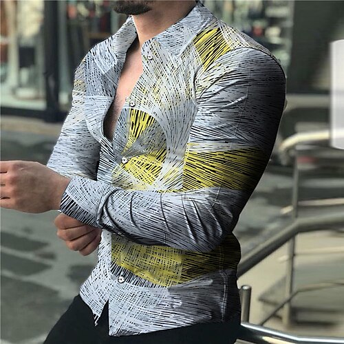 

Hombre Camisa Lineal Cuello Vuelto Azul Piscina Impresión 3D Exterior Calle Manga Larga Abotonar Estampado Ropa Moda Design Casual Transpirable / Verano / Primavera / Verano