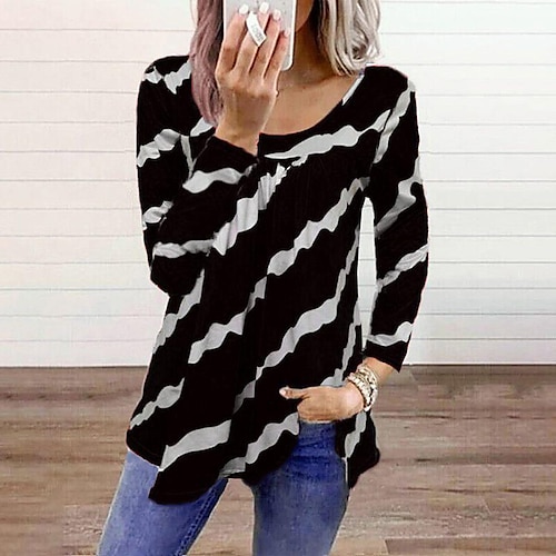

2022 amazon europe and america cross-border women's spring and autumn new tops striped pattern loose round neck casual t-shirt