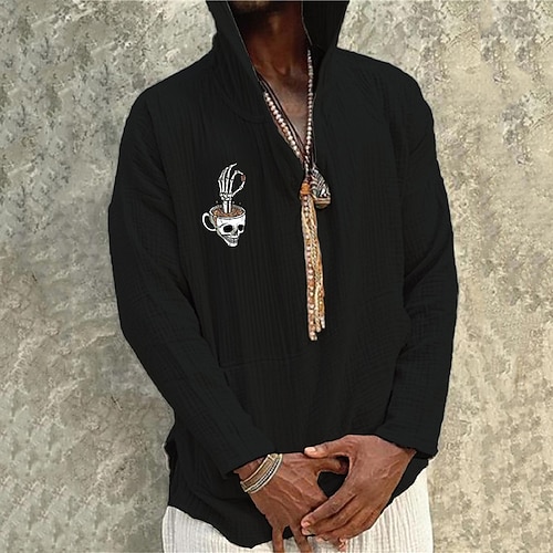 

Men's Shirt Hot Stamping Graphic Patterned Skull Hooded Street Casual Print Long Sleeve Tops Designer Casual Fashion Big and Tall Green Black Gray / Fall / Spring