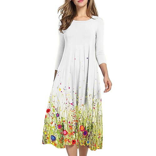 

Women's Shift Dress Midi Dress White Black 3/4 Length Sleeve Floral Ruched Print Fall Spring Round Neck Casual Vacation 2022 S M L XL XXL 3XL