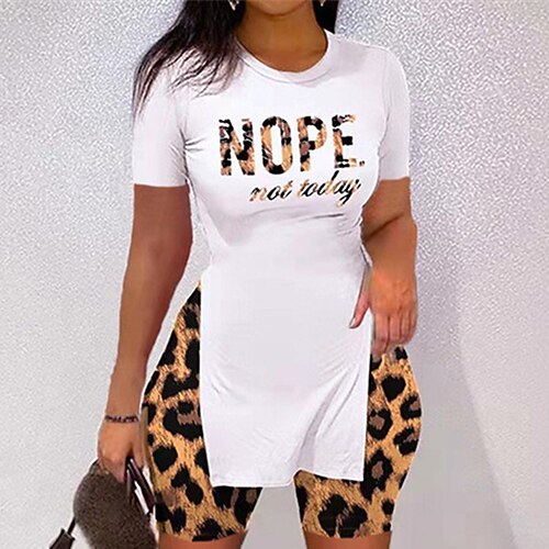

Women's Plus Size Tops Plus Size Set Plaid Leopard Print Short Sleeve Round Neck Streetwear Daily Going out Polyester Fall Summer White Black