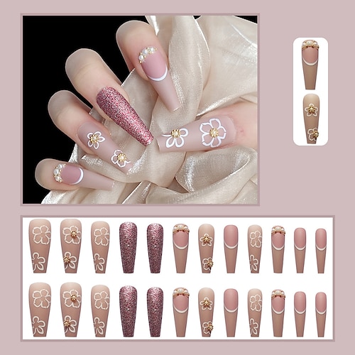 

Wearing a Super-long Manicure Patch Ballet Nail Piece Frosted Manicure Pearl Flower Fake Nail Coffin Nail