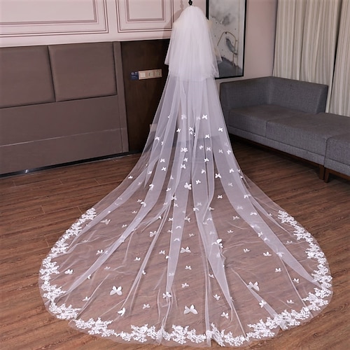 

2 strati Stile europeo / Dolce Veli da sposa Velo lungo (a terra) con A balze / Con applique 137,8 pollici (350 cm) Di pizzo / Tulle