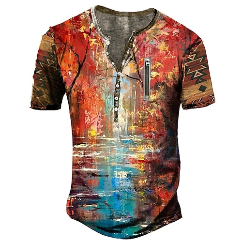 

Men's Henley Shirt Tee T shirt Tee 3D Print Graphic Patterned Oil Painting Plus Size Henley Daily Sports Zipper Button-Down Short Sleeve Tops Designer Basic Casual Big and Tall Red / Summer / Summer