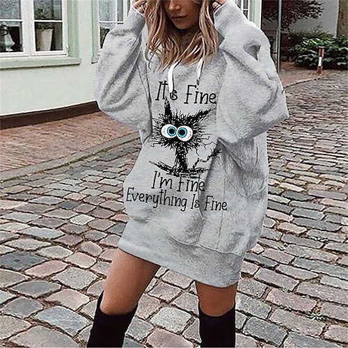 

Women's Shift Dress Short Mini Dress Gray Long Sleeve Cat Letter Animal Pocket Print Fall Spring Hooded Casual 2022 S M L XL XXL 3XL