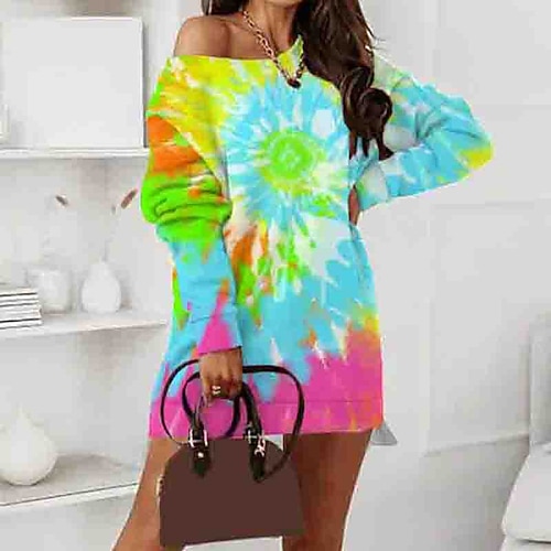 

Women's Shift Dress Short Mini Dress Rainbow Long Sleeve Tie Dye Fake two piece Print Fall Spring Crew Neck Casual Vacation 2022 S M L XL XXL 3XL
