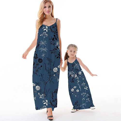 

Mommy and Me Dresses Floral Causal Backless Blue Sleeveless Maxi Strap Dress Active Matching Outfits