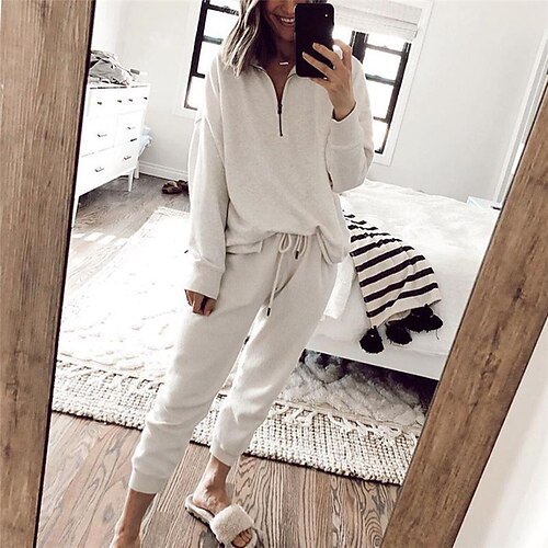 

Women's Loungewear Sets Winter Nighty 2 Pieces Pure Color Simple Comfort Home Daily Polyester Lapel Long Sleeve Pant Winter Fall White