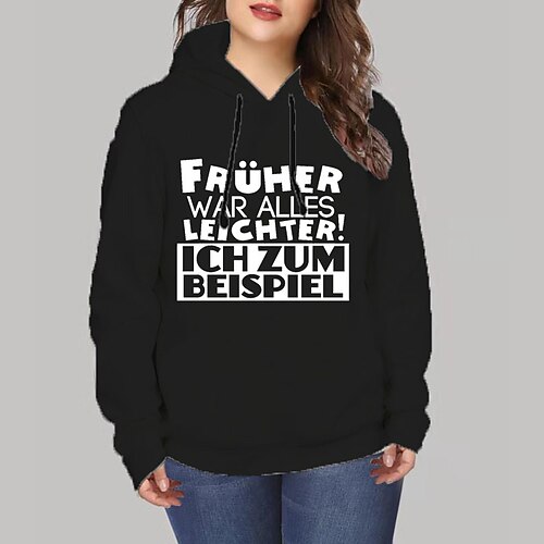 

Women's Plus Size Tops Hoodie Sweatshirt Letter Print Long Sleeve Hooded Streetwear Daily Vacation Polyester Fall Winter Black