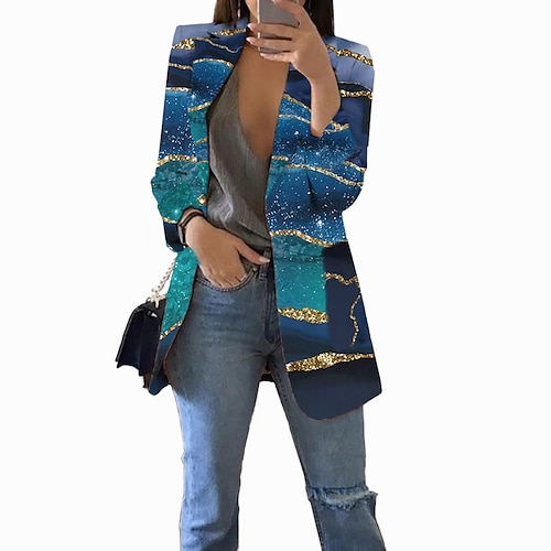 

Per donna Giacca Ufficio Strada Primavera Autunno Standard Cappotto Standard Traspirante Moda Formale Moderno Giacca Manica lunga Colore graduale e sfumato Con tasche Stampa Blu