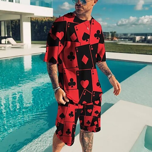 

Men's T-shirt Suits Tennis Shirt Graphic Poker Crew Neck Red BlackWhite Black 3D Print Street Daily Short Sleeve Print Clothing Apparel 2pcs Basic Fashion Lightweight Casual / Summer / Spring