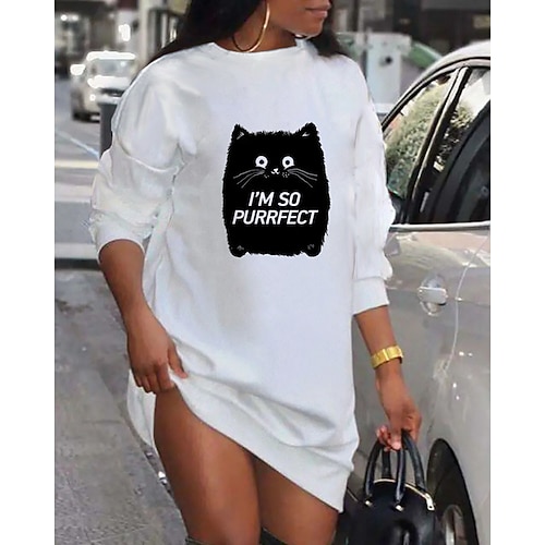 

Women's Shift Dress Short Mini Dress White Long Sleeve Cat Letter Animal Print Fall Spring Crew Neck Casual Fashion 2022 S M L XL XXL 3XL