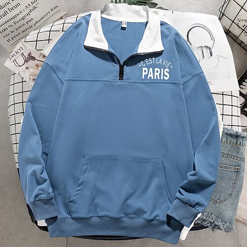 

Women's Pullover Jacket Streetwear Casual Oversized Print White Black Blue Letter Loose Fit Casual Standing Collar Long Sleeve Cotton S M L XL XXL 3XL