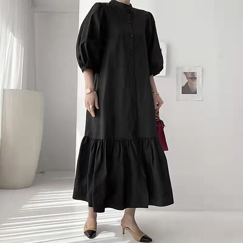 

Women's A Line Dress Maxi long Dress Green Black khaki 3/4 Length Sleeve Pure Color Ruffle Button Fall Winter Stand Collar Casual 2022 S M L XL 2XL 3XL