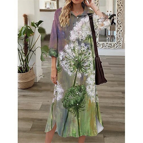 

Women's Shift Dress Midi Dress Green Blue Purple 3/4 Length Sleeve Floral Button Print Fall Spring Shirt Collar Casual Fashion 2022 S M L XL XXL 3XL