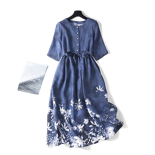 

Women's Casual Dress Linen Dress Swing Dress Midi Dress Blue Short Sleeve Floral Lace up Fall Spring Autumn Crew Neck Mature Weekend Loose Fit 2022 M L XL XXL