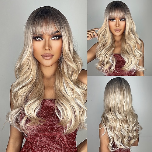 

HAIRCUBE Ombre Brown Natural Wavy Wigs With Bangs for Women Daily