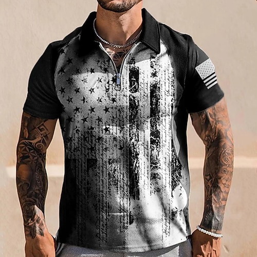 

Men's Collar Polo Shirt Golf Shirt National Flag Turndown Black / White 3D Print Street Daily Short Sleeve Zipper 3D Clothing Apparel Fashion Casual Breathable Comfortable / Beach