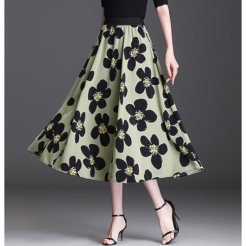 

Women's Fashion Swing Skirts Holiday Weekend Chiffon Floral Pleated Green White Black One-Size / Loose / Print