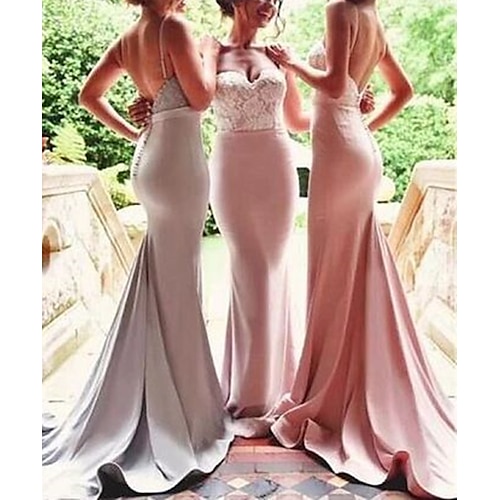 

Mermaid / Trumpet Bridesmaid Dress Spaghetti Strap Sleeveless Sexy Court Train Stretch Chiffon with Appliques 2022