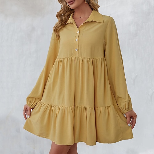 

Women's A Line Dress Short Mini Dress Yellow Long Sleeve Pure Color Ruched Spring Summer Shirt Collar Casual Modern 2022 XS S M L