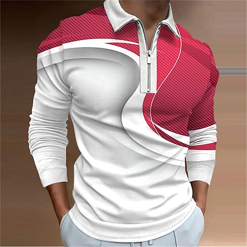 

Men's Collar Polo Shirt Golf Shirt Gradient Turndown Red 3D Print Outdoor Street Long Sleeve Zipper Print Clothing Apparel Fashion Designer Casual Breathable / Summer / Spring / Summer