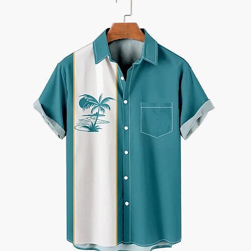 

Men's Shirt Graphic Shirt Coconut Tree Striped Turndown Blue 3D Print Street Daily Short Sleeve 3D Button-Down Clothing Apparel Fashion Designer Casual Breathable / Beach
