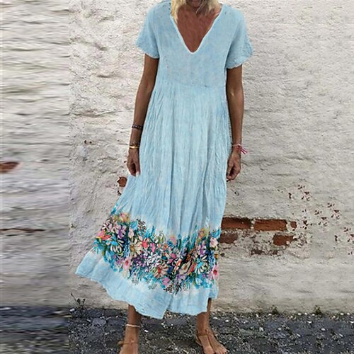 

Women's Shift Dress Maxi long Dress Green Blue Purple Short Sleeve Floral Print Spring Summer V Neck Elegant Casual Vacation 2022 S M L XL XXL 3XL