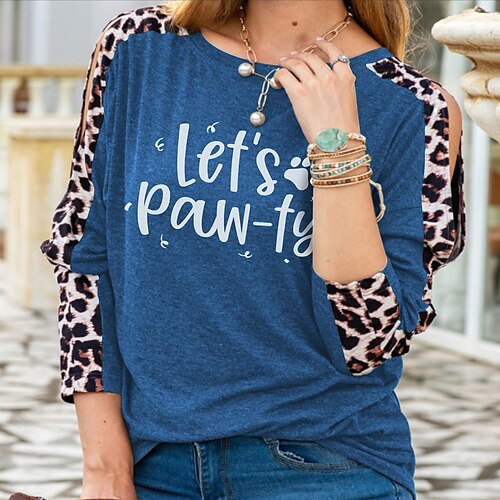 

Women's T shirt Tee Leopard Text Casual Weekend Painting T shirt Tee Long Sleeve Cut Out Print Round Neck Basic Essential Green Black Blue S