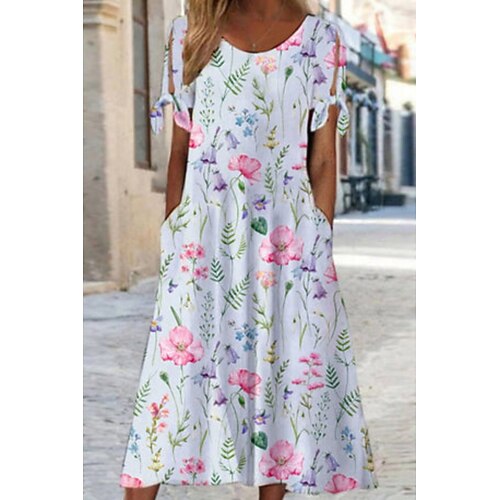 

Women's Casual Dress Midi Dress White Short Sleeve Floral Print Spring Summer Crew Neck Fashion 2022 S M L XL 2XL 3XL