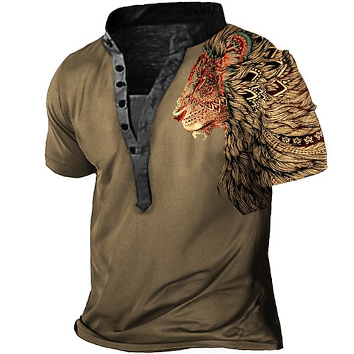 

Men's T shirt Tee Henley Shirt Tee Graphic Tiger Stand Collar Brown 3D Print Plus Size Outdoor Daily Short Sleeve Button-Down Print Clothing Apparel Basic Designer Casual Big and Tall / Summer