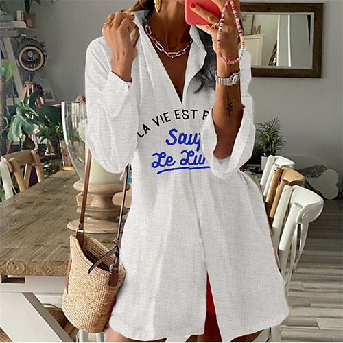 

Women's Shift Dress Short Mini Dress White Long Sleeve Letter Button Print Fall Spring Shirt Collar Casual Fashion 2022 S M L XL XXL 3XL