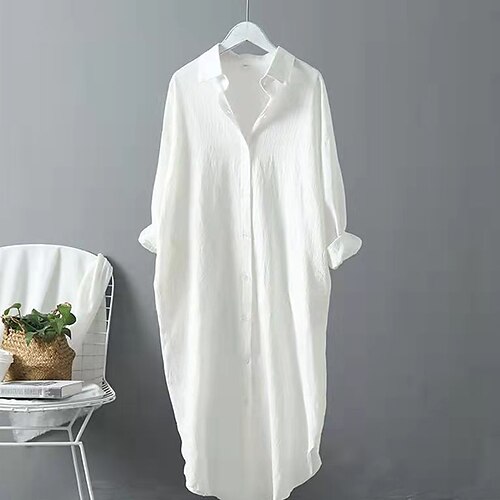 

Robe chemise Robe Droite Femme Robe longue maxi Extérieur robe hiver du quotidien Coton et lin basique Décontractées Col de Chemise Bouton manche longue Eté Printemps Automne 2023 Ample Noir Blanche