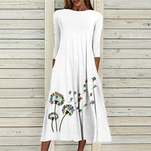 

Women's Shift Dress Midi Dress White 3/4 Length Sleeve Floral Ruched Print Fall Spring Round Neck Casual Vacation 2022 S M L XL XXL 3XL