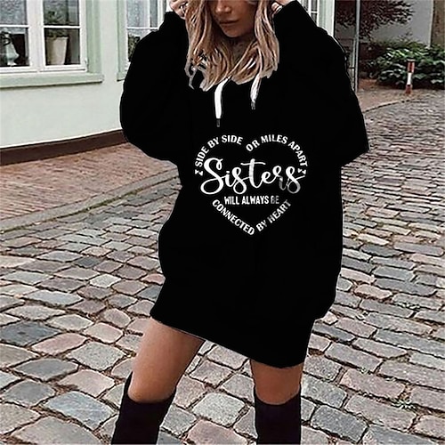 

Women's Shift Dress Short Mini Dress White Black Long Sleeve Letter Pocket Print Fall Spring Hooded Casual 2022 S M L XL XXL 3XL