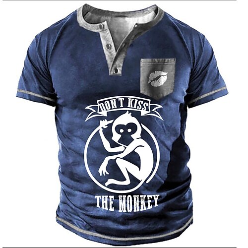 

Men's Henley Shirt Tee T shirt Tee 3D Print Graphic Patterned Monkey Animal Plus Size Henley Casual Daily Button-Down Print Short Sleeve Tops Designer Basic Classic Big and Tall Blue / Summer