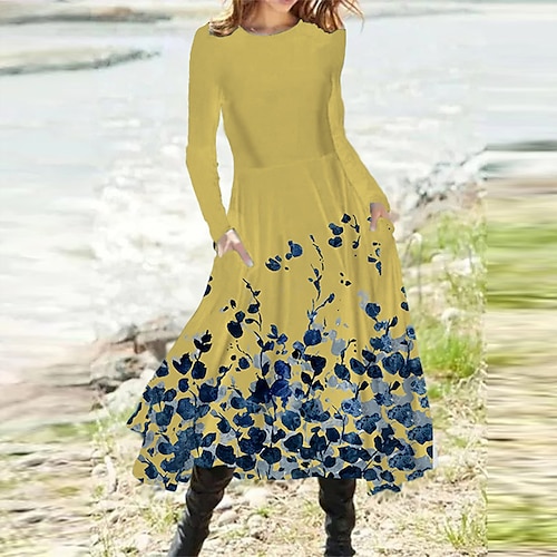 

Women's A Line Dress Midi Dress Green White Blue Pink Yellow Long Sleeve Floral Pocket Print Fall Spring Round Neck Casual Vacation 2022 S M L XL XXL 3XL