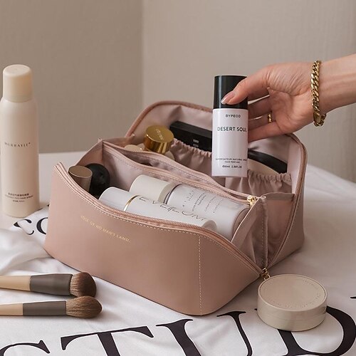 

Women's Girls' Cosmetic Bag PU Leather Solid Color Daily Holiday Rose powder Mocha Brown Mist purple Double Layer - Milky White