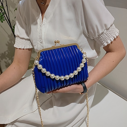 

Women's Evening Bag Coin Purse Wristlet PU Leather Buttons Chain Solid Color Pearl Daily Outdoor White Black Blue Yellow