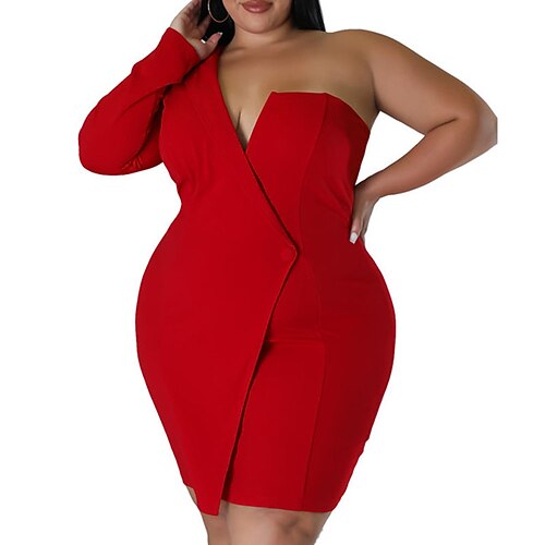 

Women's Plus Size Party Dress Solid Color One Shoulder Long Sleeve Fall Winter Formal Knee Length Dress Party Date Dress