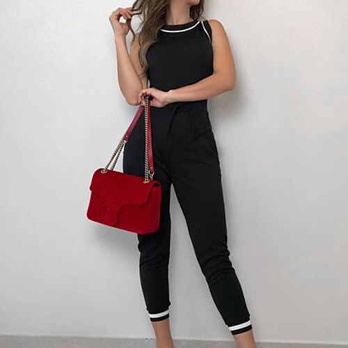 

Women's Jumpsuit Pocket Solid Color Crew Neck Casual Holiday Weekend Regular Fit Sleeveless Black S M L Spring