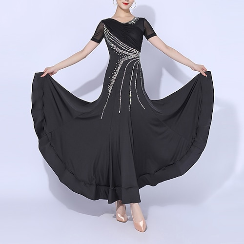 

Ballroom Dance Dress Splicing Crystals / Rhinestones Women's Training Performance Short Sleeve Mesh Spandex Polyester