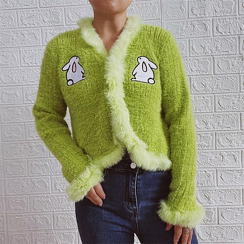

Women's Cardigan Sweater Jumper Crochet Knit Knitted Patchwork Animal Open Front Stylish Casual Daily Holiday Fall Winter Green White S M L / Long Sleeve