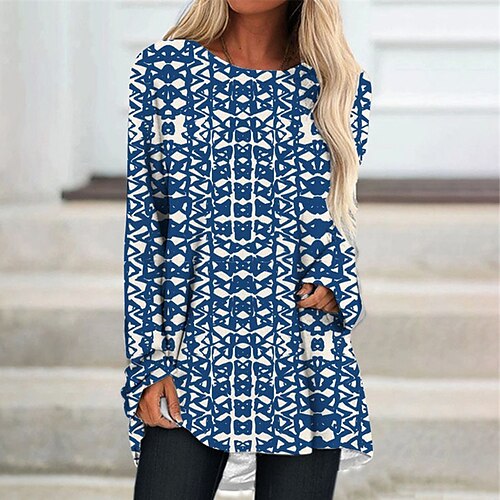 

Women's Shift Dress Knee Length Dress Black Blue Long Sleeve Floral Geometric Print Fall Spring Crew Neck Casual Vacation 2022 S M L XL XXL 3XL