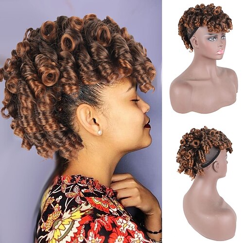 

Afro Deep Kinky Curly Mohawk Ponytail with Bangs Drawstring for Women Fake Ponytail with Bangs Drawstring Natural Black Faux Hawks Wigs