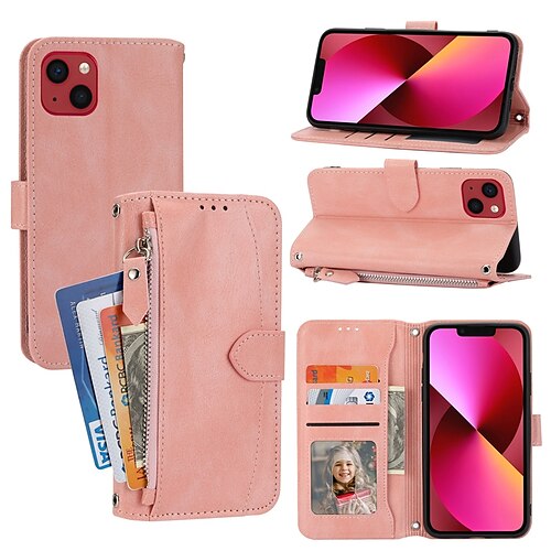 

Phone Case For Apple Wallet Card iPhone 13 Pro Max 12 11 SE 2022 X XR XS Max 8 7 Zipper with Wrist Strap Card Holder Slots Solid Colored TPU PU Leather