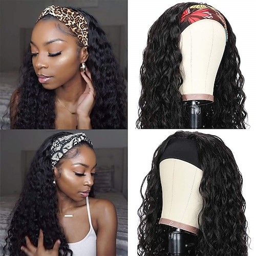 

Water Wave Glueless Human Hair Wigs Brazilian Hair Headband Wig For Black Women Long Hair 12-24Inch Curly Headband Wig Natural Color